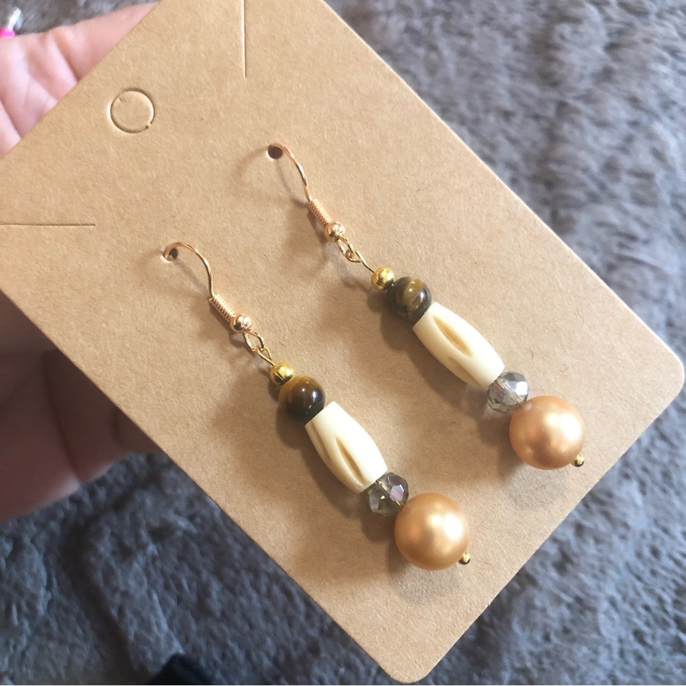 Handcrafted genuine stone tigers eye carved bead dangle earrings